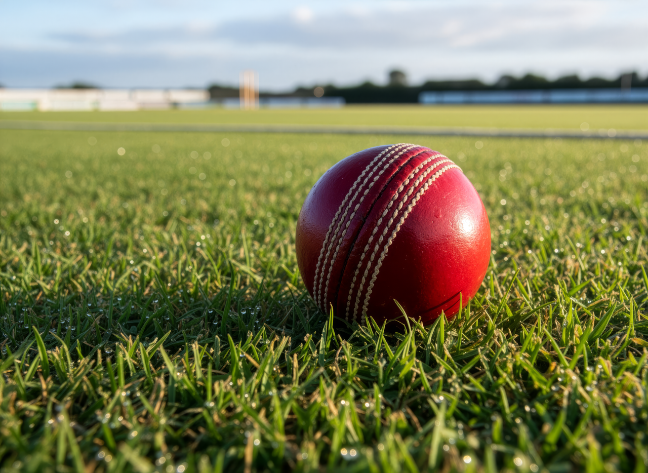 about-02 Close-up of a vibrant red cricket ball on a grass field, ideal for sports themes.