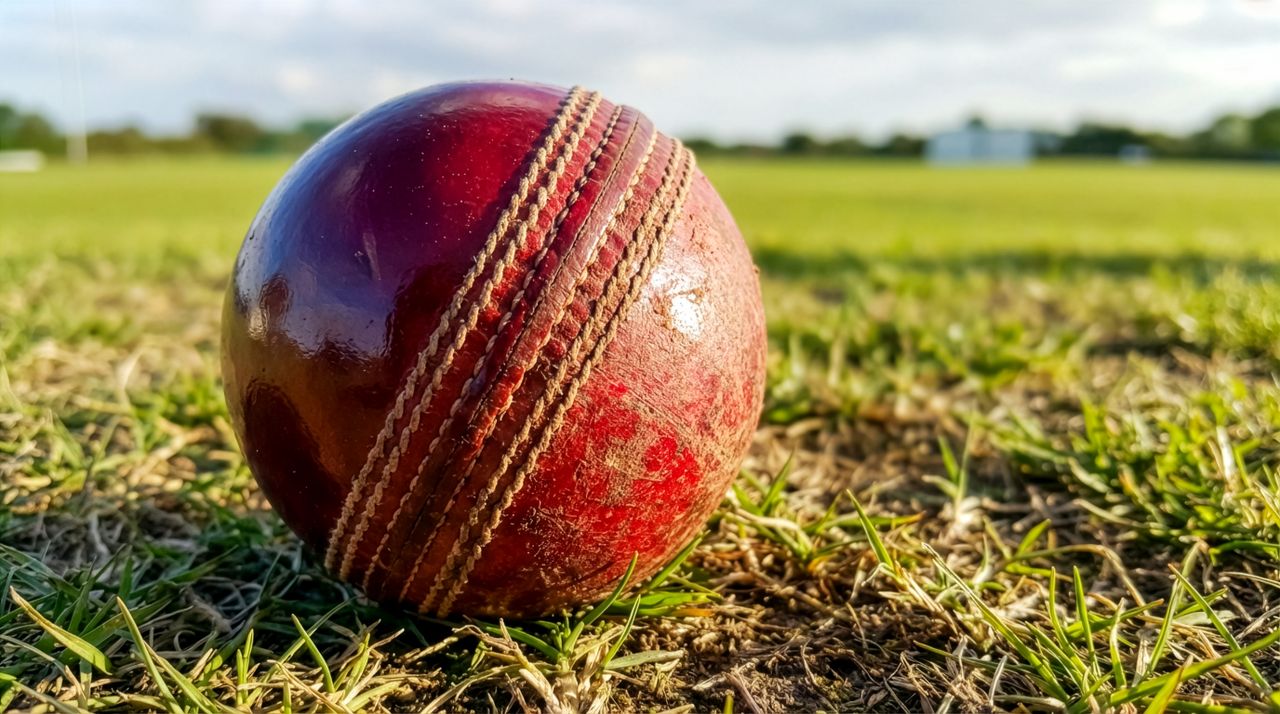 services-03 Red cricket ball resting on grass, highlighting texture and seams.